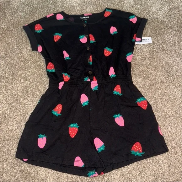 Old Navy - Strawberry Printed Short-Sleeve Button-Front Romper - Girls M (8) - Picture 2 of 6